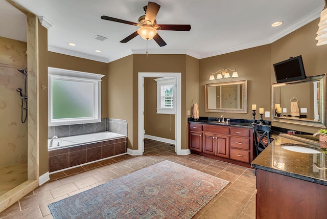 525 Amberly St, Murfreesboro, TN 37129 - bathroom featuring ceiling fan, vanity, a garden tub, baseboards, and tile patterned floors