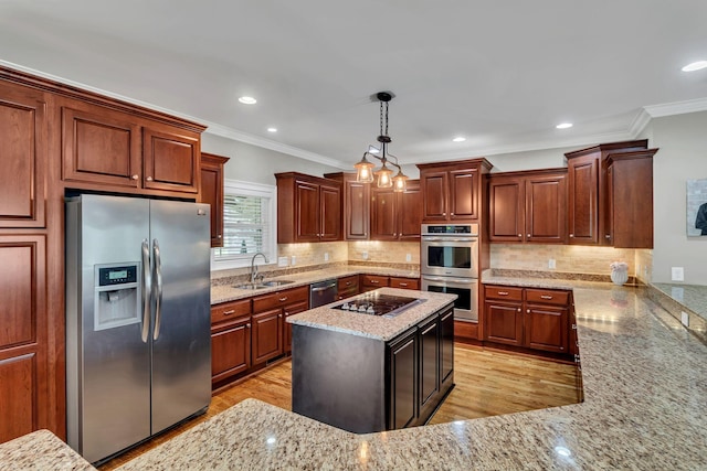525 Amberly St, Murfreesboro, TN 37129 - kitchen featuring appliances with stainless steel finishes, a sink, crown molding, light stone counters, and pendant lighting