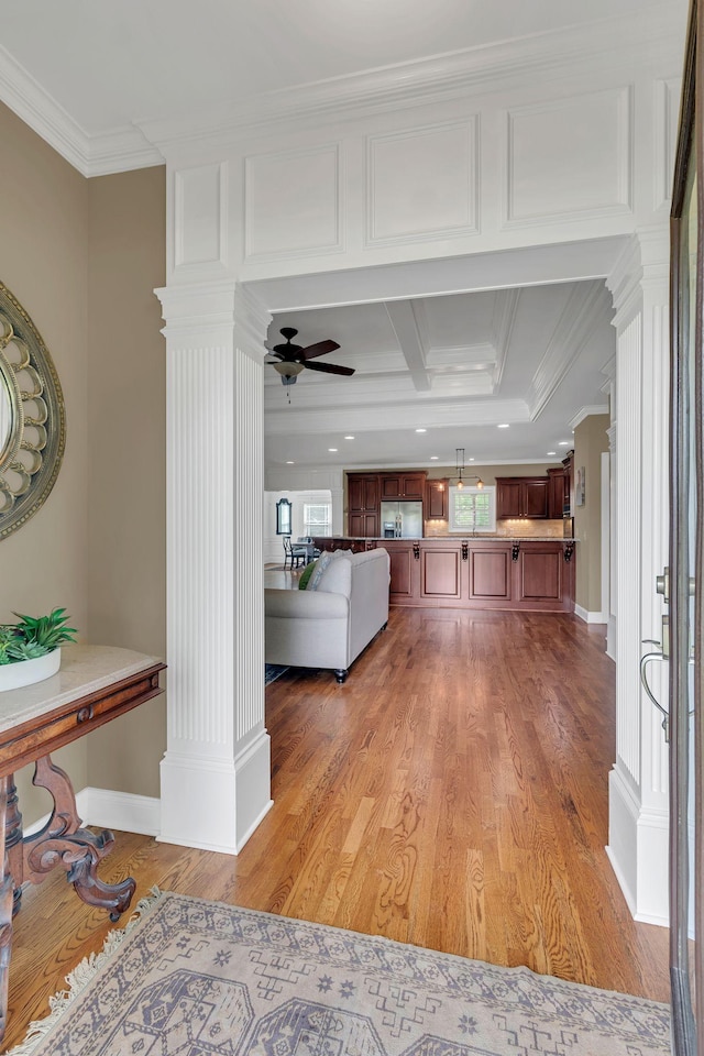 525 Amberly St, Murfreesboro, TN 37129 - hall featuring decorative columns, ornamental molding, light wood-type flooring, and baseboards