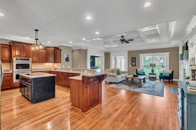 525 Amberly St, Murfreesboro, TN 37129 - kitchen with stainless steel double oven, ornamental molding, a peninsula, open floor plan, and a breakfast bar