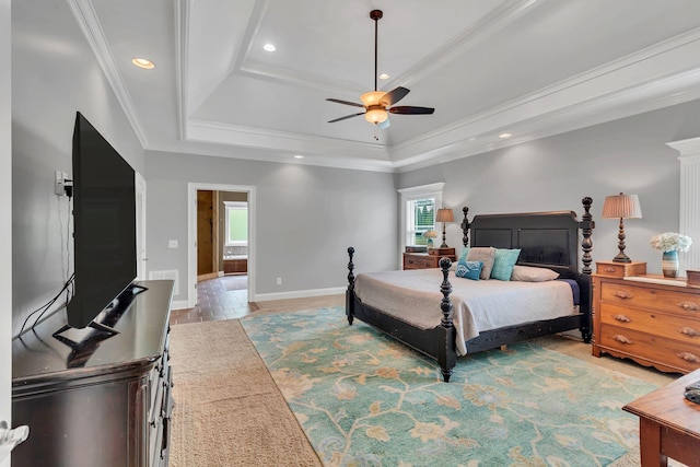 525 Amberly St, Murfreesboro, TN 37129 - bedroom featuring a tray ceiling, baseboards, ornamental molding, a ceiling fan, and recessed lighting