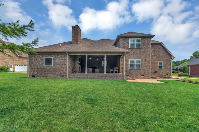 525 Amberly St, Murfreesboro, TN 37129 - back of property with crawl space, a patio area, brick siding, a chimney, and a lawn