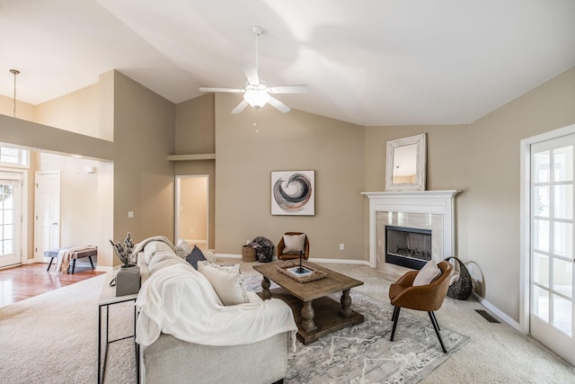 3505 Grove Park Dr, College Grove, TN 37046 - living area with plenty of natural light, a ceiling fan, light carpet, and lofted ceiling