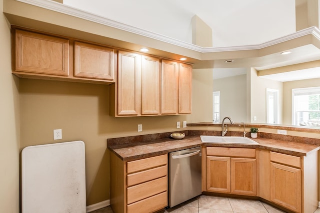 3505 Grove Park Dr, College Grove, TN 37046 - kitchen featuring dishwasher, a sink, a peninsula, dark countertops, and light tile patterned floors