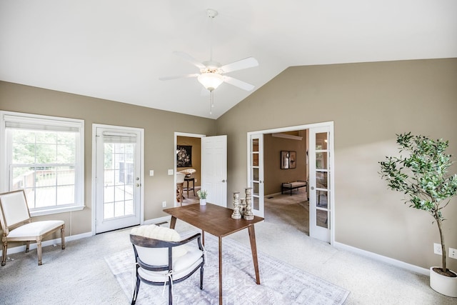 3505 Grove Park Dr, College Grove, TN 37046 - home office with french doors, ceiling fan, light colored carpet, lofted ceiling, and baseboards
