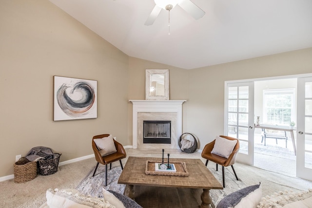3505 Grove Park Dr, College Grove, TN 37046 - carpeted living area with a premium fireplace, baseboards, lofted ceiling, and a ceiling fan