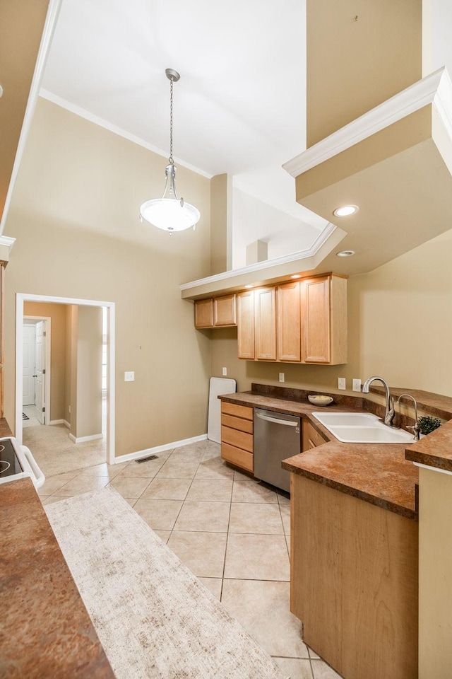 3505 Grove Park Dr, College Grove, TN 37046 - kitchen featuring dishwasher, a sink, a towering ceiling, light brown cabinetry, and a peninsula