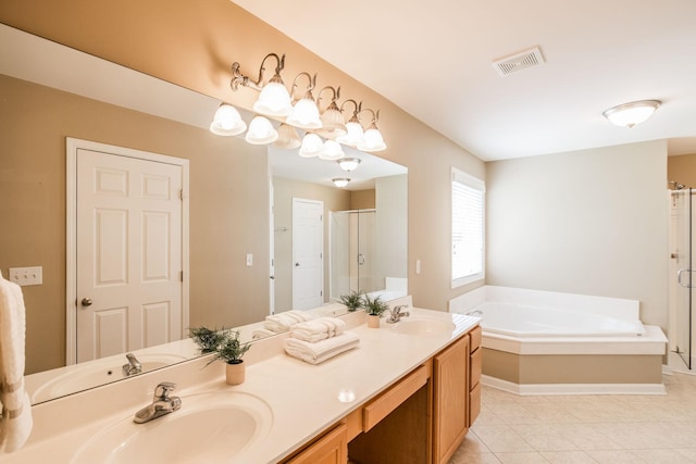 3505 Grove Park Dr, College Grove, TN 37046 - full bathroom featuring a shower stall, double vanity, a garden tub, and tile patterned flooring