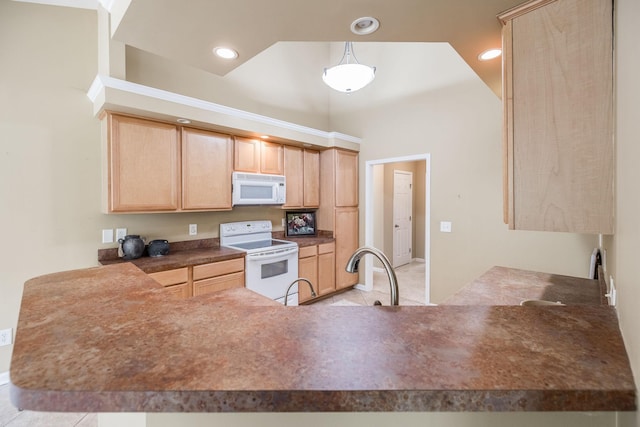 3505 Grove Park Dr, College Grove, TN 37046 - kitchen featuring white appliances, light brown cabinetry, a peninsula, and recessed lighting