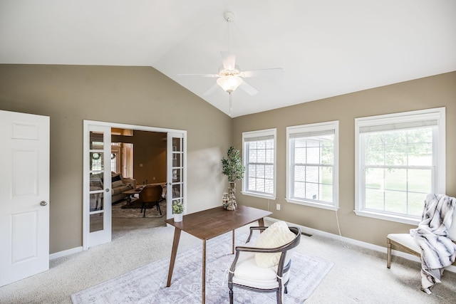 3505 Grove Park Dr, College Grove, TN 37046 - carpeted office featuring french doors, a ceiling fan, vaulted ceiling, and baseboards