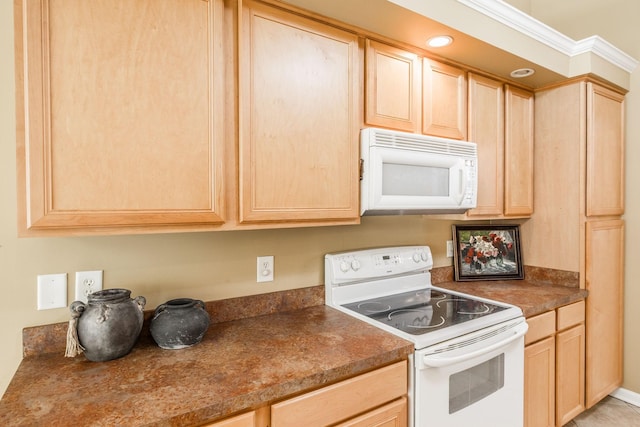 3505 Grove Park Dr, College Grove, TN 37046 - kitchen with white appliances, light brown cabinets, dark countertops, and ornamental molding