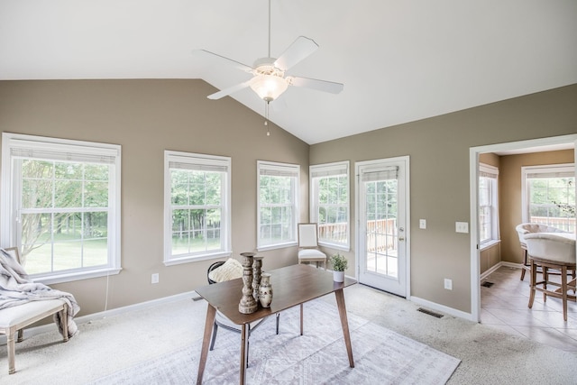 3505 Grove Park Dr, College Grove, TN 37046 - home office with ceiling fan, light carpet, baseboards, and vaulted ceiling