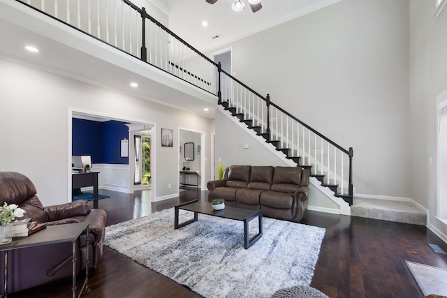 4702 Garcia Blvd, Murfreesboro, TN 37128 - living room featuring a high ceiling, ceiling fan, ornamental molding, wood finished floors, and stairs