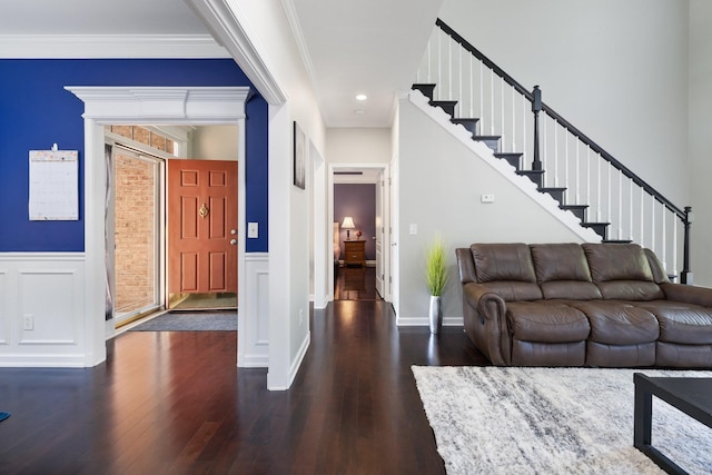4702 Garcia Blvd, Murfreesboro, TN 37128 - living area with dark wood-type flooring, wainscoting, ornamental molding, and recessed lighting