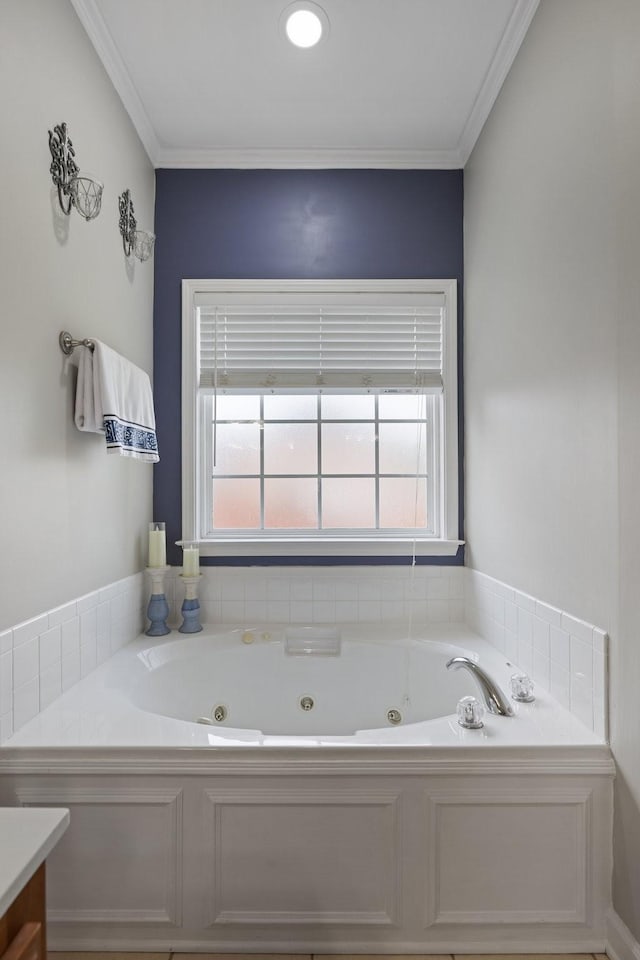 4702 Garcia Blvd, Murfreesboro, TN 37128 - bathroom featuring a jetted tub, vanity, healthy amount of natural light, and crown molding