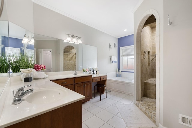 4702 Garcia Blvd, Murfreesboro, TN 37128 - bathroom with a bath, tile patterned flooring, ornamental molding, double vanity, and tiled shower