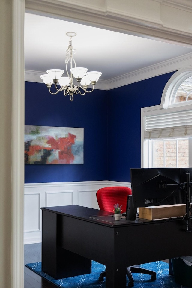 4702 Garcia Blvd, Murfreesboro, TN 37128 - office area with a chandelier, ornamental molding, wainscoting, wood finished floors, and a decorative wall
