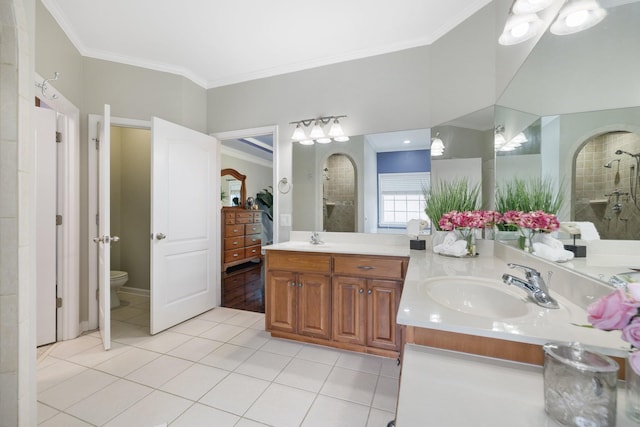 4702 Garcia Blvd, Murfreesboro, TN 37128 - bathroom featuring double vanity, crown molding, tile patterned flooring, toilet, and tiled shower
