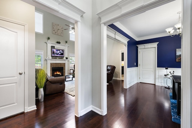 4702 Garcia Blvd, Murfreesboro, TN 37128 - hallway featuring dark wood-style flooring, ornamental molding, a chandelier, and wainscoting