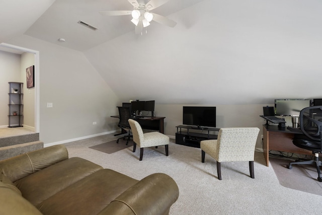 4702 Garcia Blvd, Murfreesboro, TN 37128 - carpeted living room featuring an office area, a ceiling fan, vaulted ceiling, and baseboards