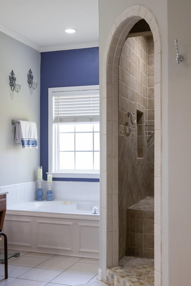 4702 Garcia Blvd, Murfreesboro, TN 37128 - full bathroom featuring a bath, tile patterned flooring, ornamental molding, and tiled shower