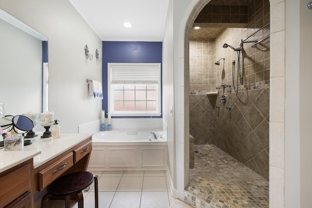 4702 Garcia Blvd, Murfreesboro, TN 37128 - bathroom featuring a garden tub, a tile shower, vanity, tile patterned flooring, and crown molding