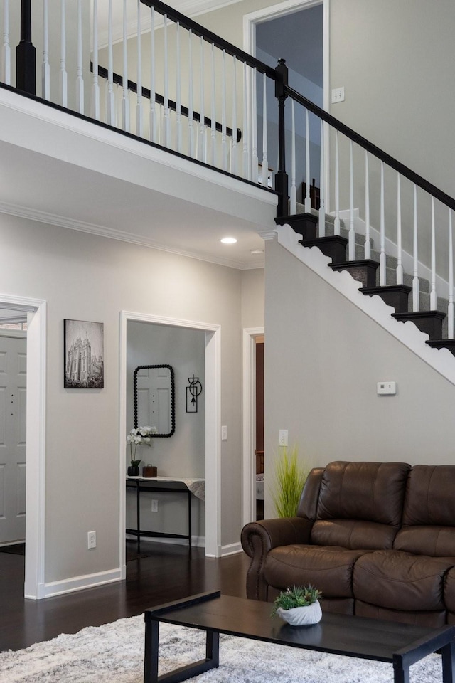 4702 Garcia Blvd, Murfreesboro, TN 37128 - living area with a high ceiling, wood finished floors, stairs, baseboards, and crown molding