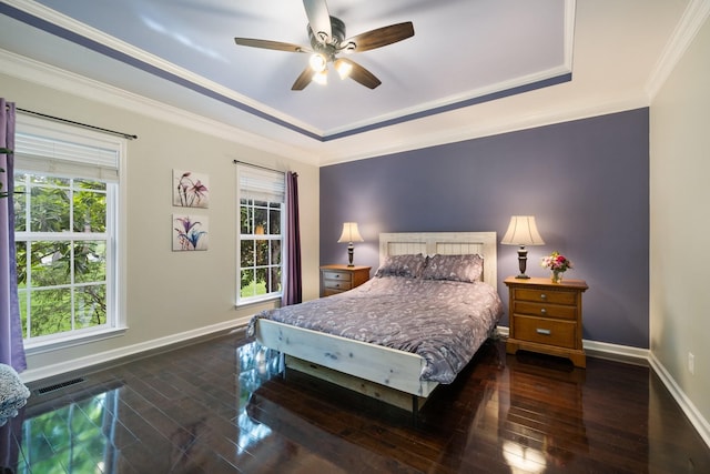 4702 Garcia Blvd, Murfreesboro, TN 37128 - bedroom with a tray ceiling, baseboards, hardwood / wood-style floors, ceiling fan, and crown molding
