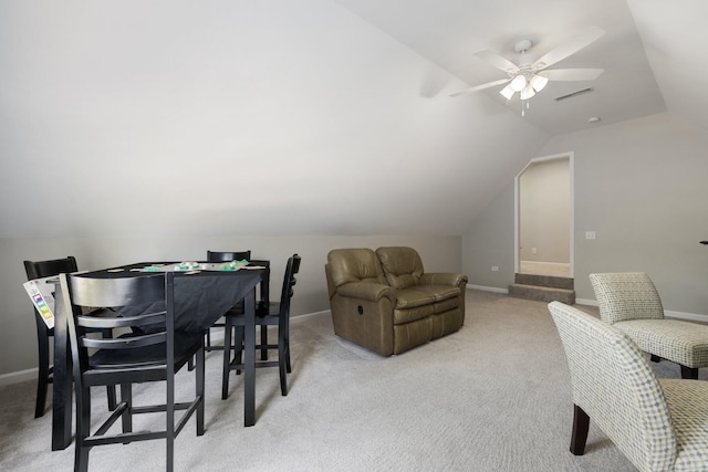 4702 Garcia Blvd, Murfreesboro, TN 37128 - dining area featuring light colored carpet, lofted ceiling, ceiling fan, and baseboards