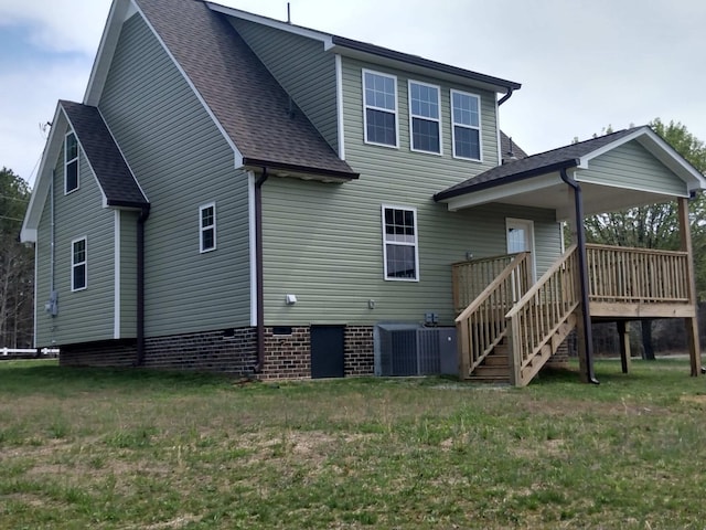 171 Ashmore Rd, Summertown, TN 38483 - back of house featuring cooling unit, a wooden deck, a shingled roof, stairs, and a lawn
