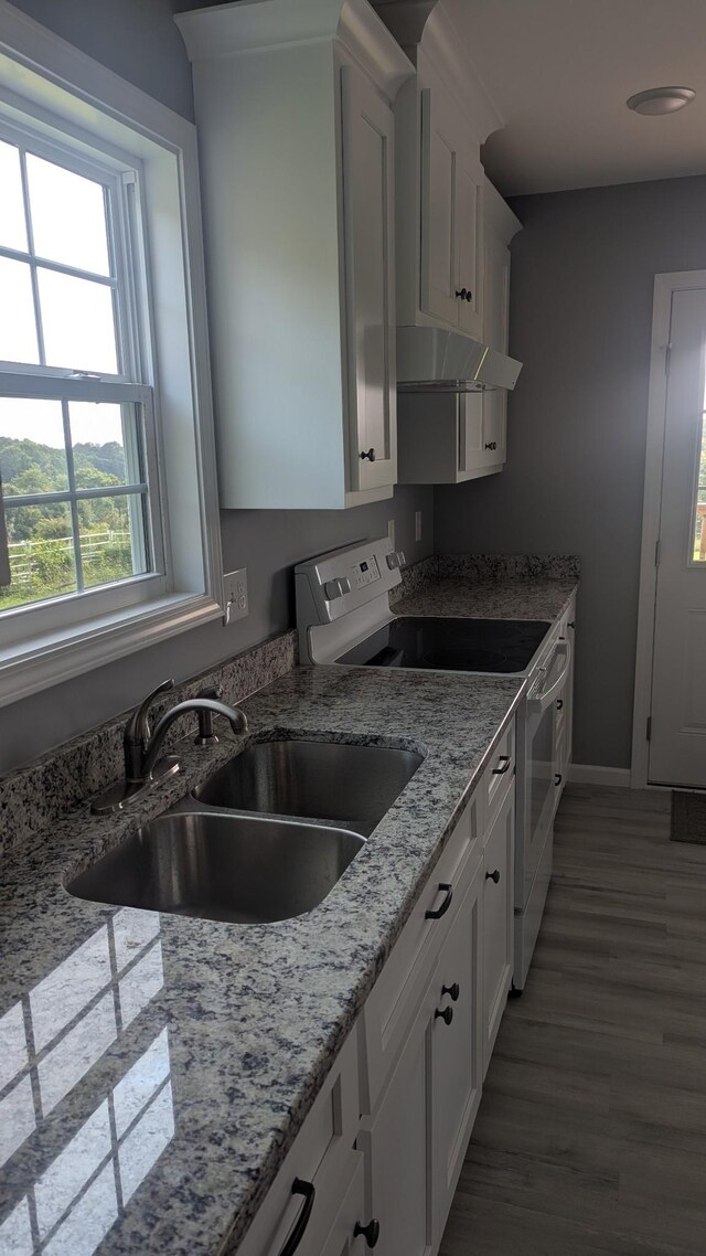 171 Ashmore Rd, Summertown, TN 38483 - kitchen with electric range, white cabinetry, a sink, baseboards, and under cabinet range hood
