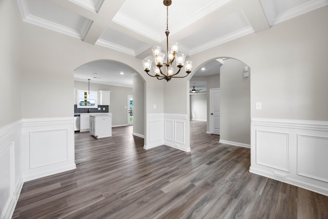 2586 Rafiki Dr, Clarksville, TN 37042 - unfurnished dining area with coffered ceiling, arched walkways, a chandelier, beamed ceiling, and dark wood finished floors