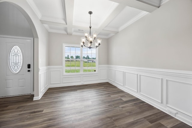 2586 Rafiki Dr, Clarksville, TN 37042 - entryway featuring coffered ceiling, a chandelier, beam ceiling, arched walkways, and dark wood-style flooring