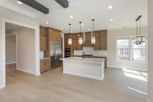 5962 Hunt Valley Dr, Spring Hill, TN 37174 - kitchen with stainless steel appliances, custom exhaust hood, backsplash, light wood-type flooring, and beamed ceiling