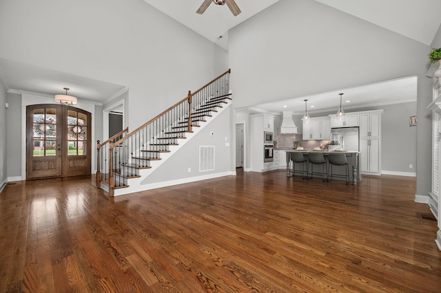 193 Knoxleigh Way, Murfreesboro, TN 37129 - living area with stairs, dark wood-style flooring, a ceiling fan, french doors, and baseboards