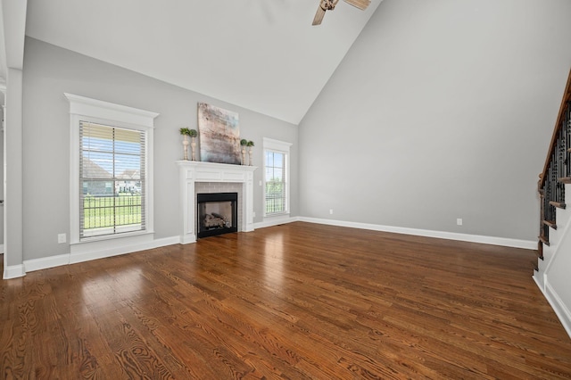193 Knoxleigh Way, Murfreesboro, TN 37129 - unfurnished living room with plenty of natural light, stairway, high vaulted ceiling, a ceiling fan, and a fireplace