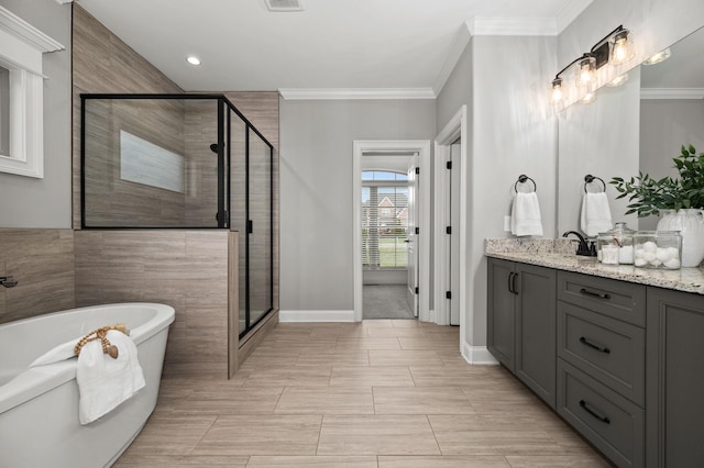193 Knoxleigh Way, Murfreesboro, TN 37129 - full bathroom with vanity, a soaking tub, a shower stall, crown molding, and baseboards