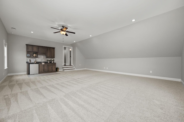 193 Knoxleigh Way, Murfreesboro, TN 37129 - unfurnished living room with baseboards, lofted ceiling, light colored carpet, recessed lighting, and ceiling fan