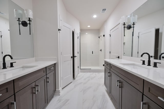 4072 Penfield Dr Unit B, Franklin, TN 37069 - bathroom featuring a shower stall, two vanities, recessed lighting, and marble finish flooring