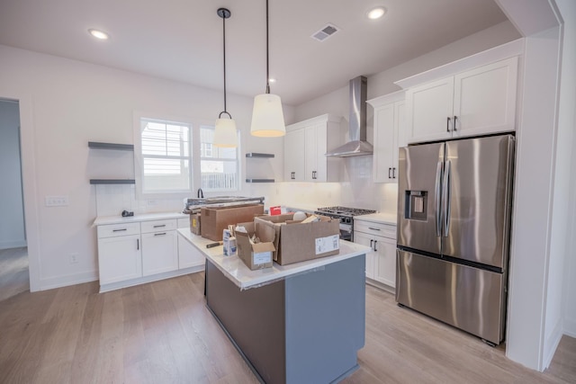 4072 Penfield Dr Unit B, Franklin, TN 37069 - kitchen with stainless steel refrigerator with ice dispenser, open shelves, wall chimney exhaust hood, white cabinetry, and recessed lighting