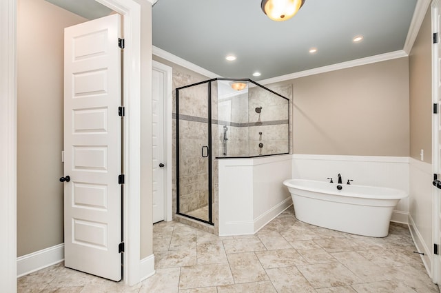 813 Stone Mill Cir, Murfreesboro, TN 37130 - full bath with a freestanding bath, ornamental molding, a shower stall, recessed lighting, and baseboards