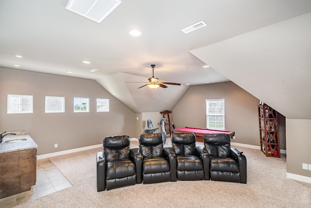813 Stone Mill Cir, Murfreesboro, TN 37130 - cinema with billiards, a sink, recessed lighting, baseboards, and light colored carpet