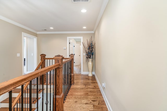 813 Stone Mill Cir, Murfreesboro, TN 37130 - corridor with an upstairs landing, recessed lighting, light wood finished floors, ornamental molding, and baseboards