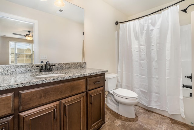 813 Stone Mill Cir, Murfreesboro, TN 37130 - bathroom featuring toilet, vanity, ceiling fan, shower / bath combination with curtain, and stone finish floors