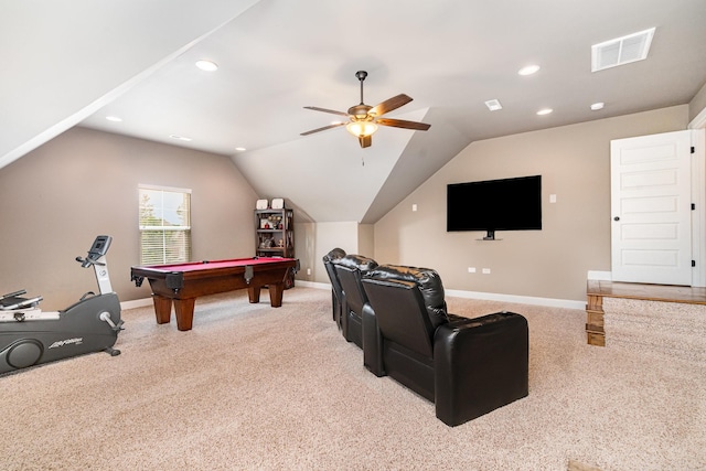 813 Stone Mill Cir, Murfreesboro, TN 37130 - game room with baseboards, light carpet, vaulted ceiling, a ceiling fan, and pool table