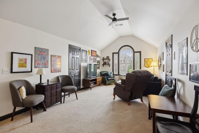 6781 Autumnwood Dr, Nashville, TN 37221 - living room with carpet floors, a ceiling fan, and lofted ceiling