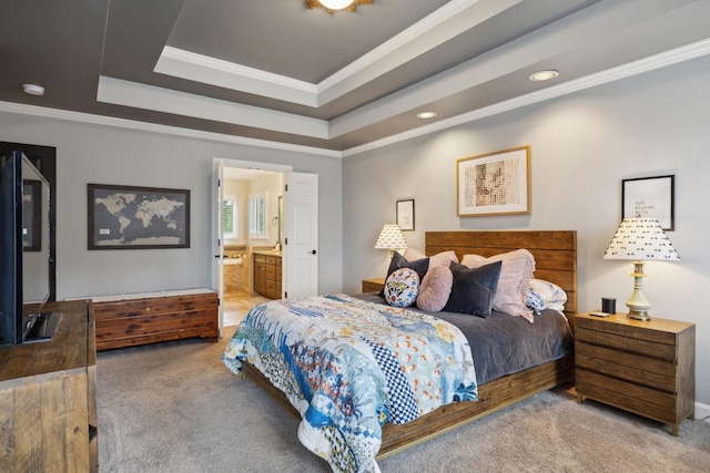 6781 Autumnwood Dr, Nashville, TN 37221 - bedroom featuring carpet flooring, crown molding, a tray ceiling, recessed lighting, and ensuite bath