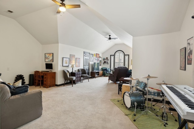6781 Autumnwood Dr, Nashville, TN 37221 - carpeted living room with a ceiling fan and vaulted ceiling