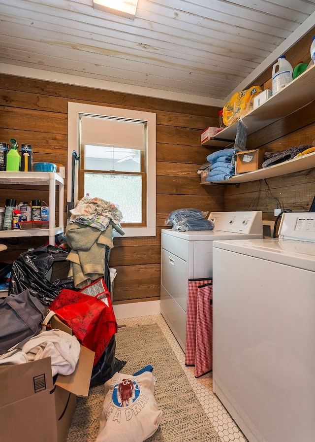 3975 Dry Creek Rd, Dowelltown, TN 37059 - washroom featuring wooden walls, separate washer and dryer, and wooden ceiling