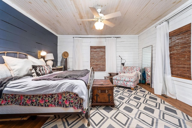 3975 Dry Creek Rd, Dowelltown, TN 37059 - bedroom with wood walls, wood ceiling, wood finished floors, and ceiling fan